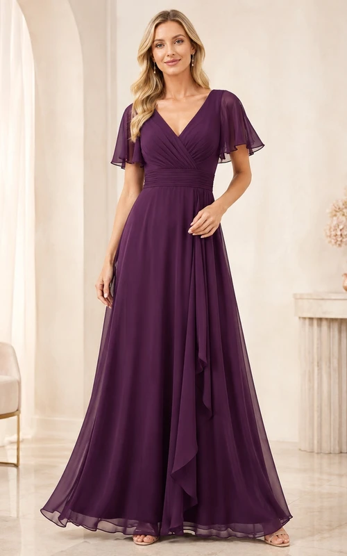 Pflaumenfarbenes, bodenlanges Chiffon-Abendkleid mit V-Ausschnitt, kurzen Ärmeln und A-Linien-Schnitt, flatterndem Saum