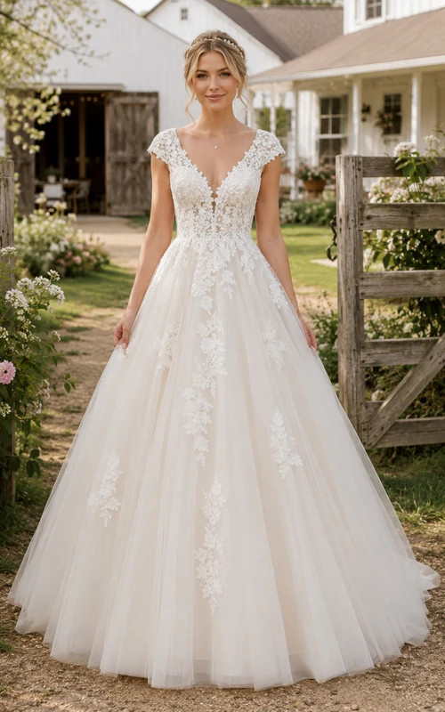 Robe de mariée champêtre en tulle, coupe trapèze, manches courtes, corsage en dentelle et jupe fluide.