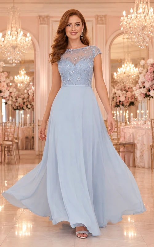Mist Blue Grand Ballroom Wedding Guest Bridesmaid Evening Formal Dress A-Line Floor-Length Jewel Neck Short Sleeve Chiffon Lace Lace Detail Zipper Back