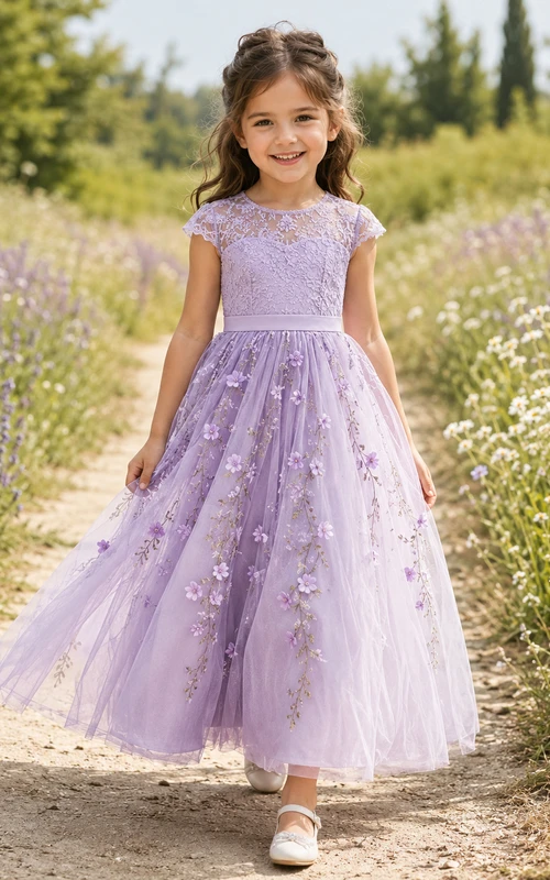 Robe de demoiselle d'honneur en tulle, longueur thé, coupe trapèze, en dentelle florale lavande, manches courtes, idéale pour un mariage champêtre.