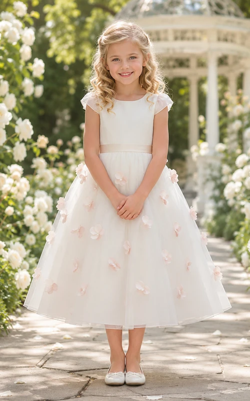 Romantisches Organza-Kleid in Teelänge, A-Linie, mit flatternden Ärmeln und Blumenmuster, perfekt für Blumenmädchen und Gartenhochzeiten