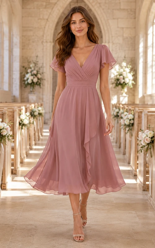 Chapel Dusty Rose V-Neck Chiffon A-Line Tea-Length Flutter Sleeve Dress
