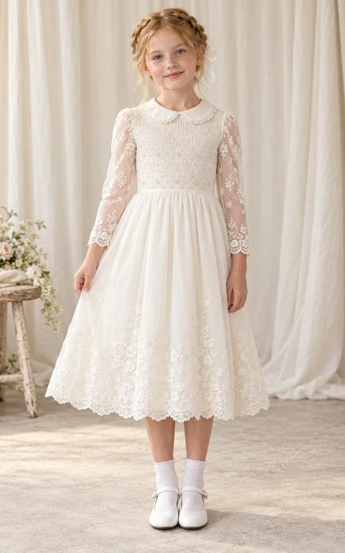 Tea-length Ivory Rounded Collar Smocked Lace Sleeve Communion Dress