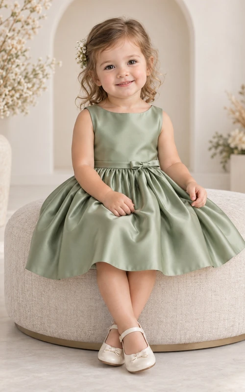 Knielanges, schlichtes, salbeifarbenes, sommerliches A-Linien-Kleid aus Satin, ärmellos, mit Raffungen, Blumenmädchenkleid