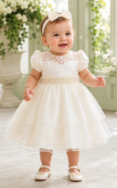 Robe de baptême pour bébé, coupe trapèze, manches bouffantes, en tulle et dentelle, élégante, adorable et romantique, ornée de perles et de bijoux, manches courtes.