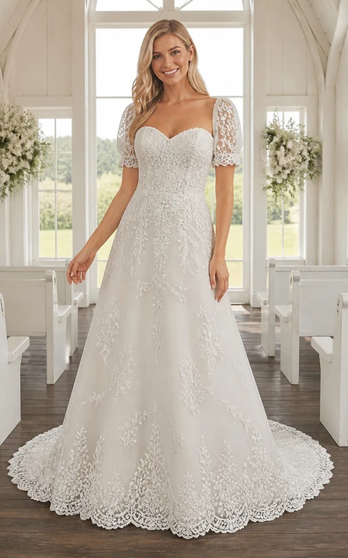 Vestido de novia vintage de manga corta, corte A, escote corazón, encaje rosa, cola de capilla