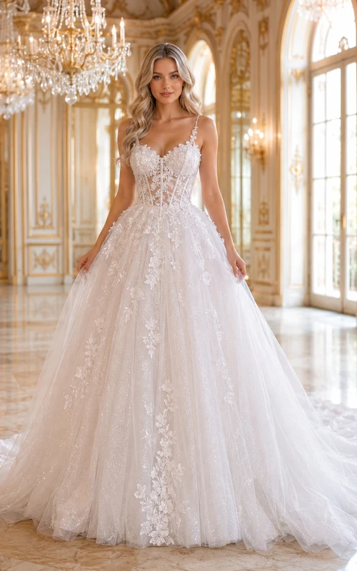 Suknia Slubna Spaghetti Strap Sweetheart Tulle Ball Gown Chapel Train Luxury Wedding Dress