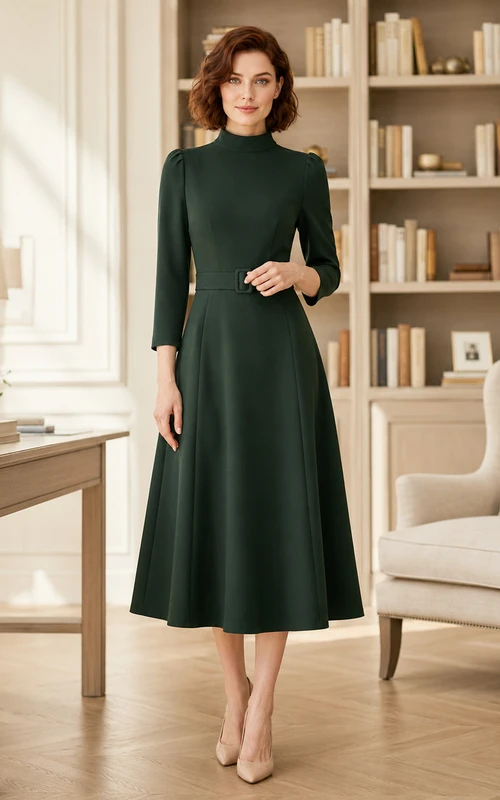 Forest green three quarter sleeve high neck A-line modest work dress
