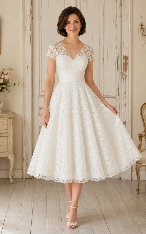 Vintage-Kleid mit kurzen Ärmeln, herzförmigem Ausschnitt, Spitze, Teelänge und A-Linien-Schnitt