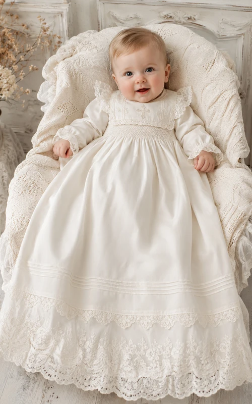 Elfenbeinfarbenes Taufkleid mit Rüschen und langen Ärmeln aus Spitze für Jungen