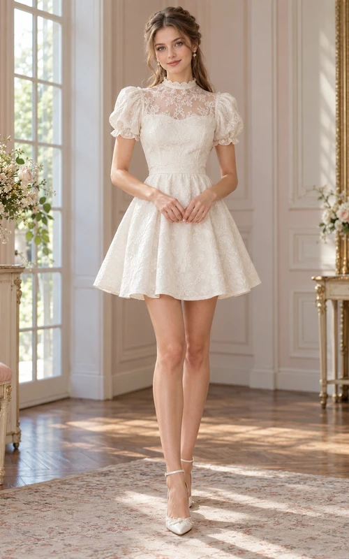 Robe cocktail trapèze courte à col montant et manches bouffantes en dentelle florale