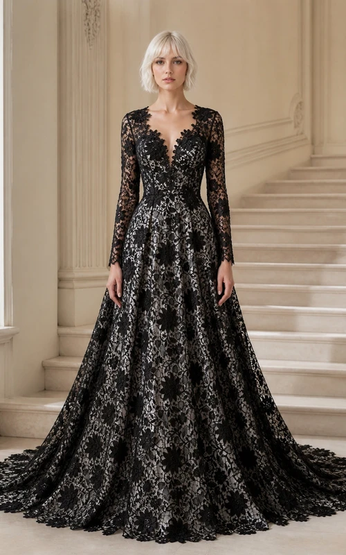 Lujoso vestido de noche negro de corte A con mangas largas y encaje con cuentas