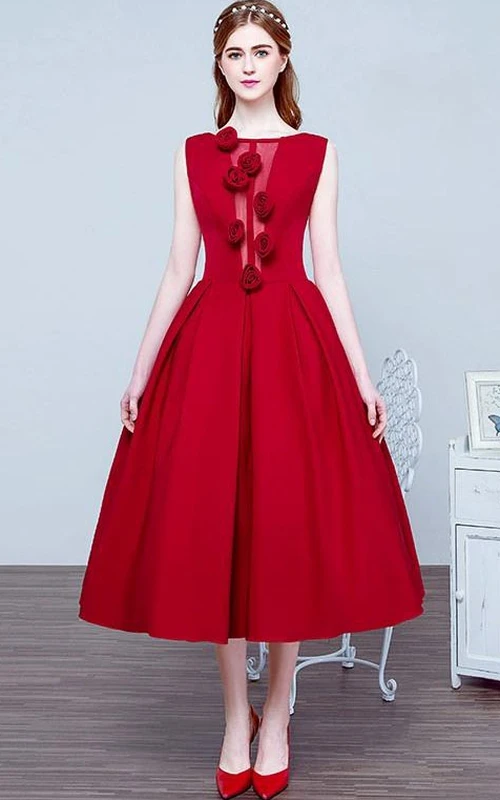 A-Linien-Abendkleid mit Blumenmuster und Teelänge