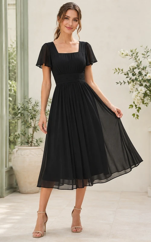 Black Chiffon Square Neck Short Sleeve Tea Length A-Line Dress