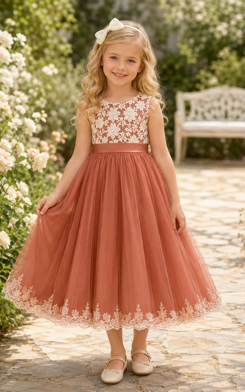 Robe de demoiselle d'honneur en tulle et dentelle orange terracotta, coupe trapèze, avec applications florales sans manches et ourlet festonné.