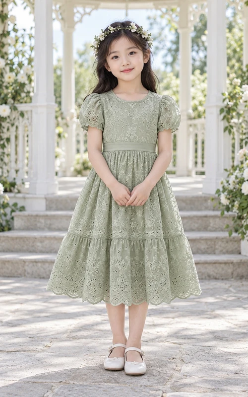 Vestido de niña de flores de corte A con encaje, mangas abullonadas y volantes, de largo hasta la rodilla, color verde salvia, estampado floral modesto.