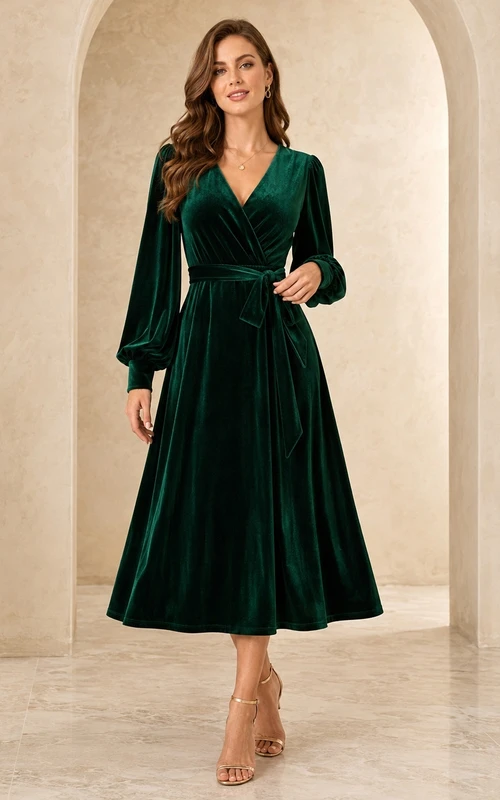 Vestido largo de terciopelo verde oscuro con escote en V cruzado, mangas abullonadas y corte en A hasta la rodilla.
