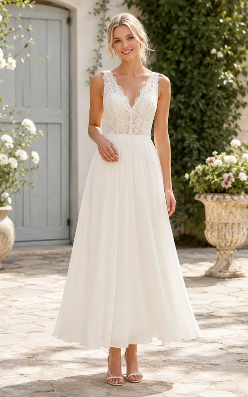 Vintage Lace Tulle Wedding Dress A-Line V-Neck Sleeveless Tea Length Bridal Gown