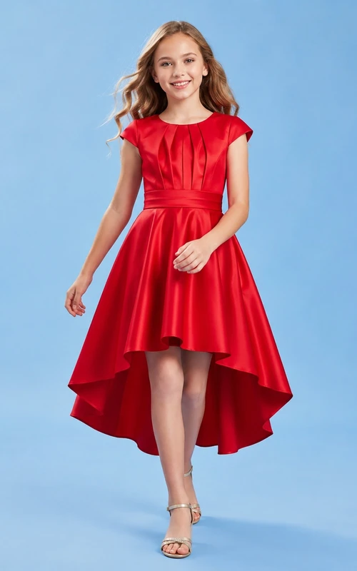 Red Square Neck Short Sleeve Satin High-Low Flowergirl Dress