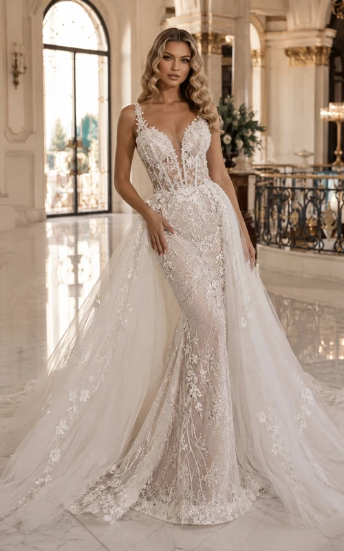 Robe de mariée Pavilion Bridal en tulle et dentelle discrète, décolleté en V profond, sans manches, coupe trapèze, traîne chapelle, surjupe amovible