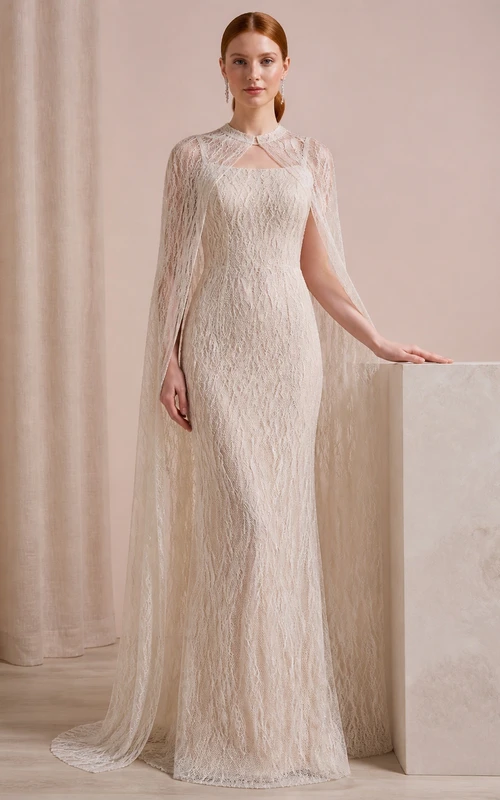 Vestido de novia de corte recto, modesto, con cuello alto, capa y encaje texturizado, largo hasta el suelo.