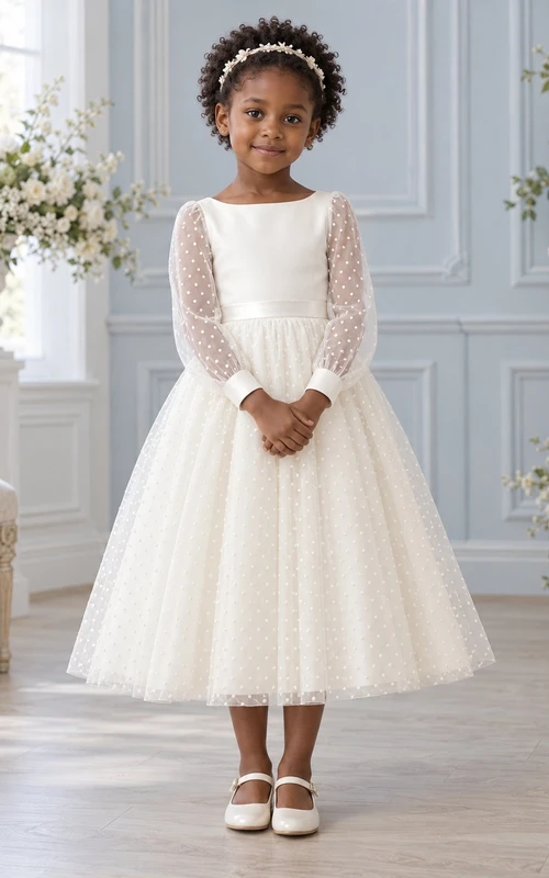 Teelanges, langärmeliges, elfenbeinfarbenes A-Linien-Kleid aus Tüll mit Punkten, Schärpe und Schleife am Rücken für Blumenmädchen