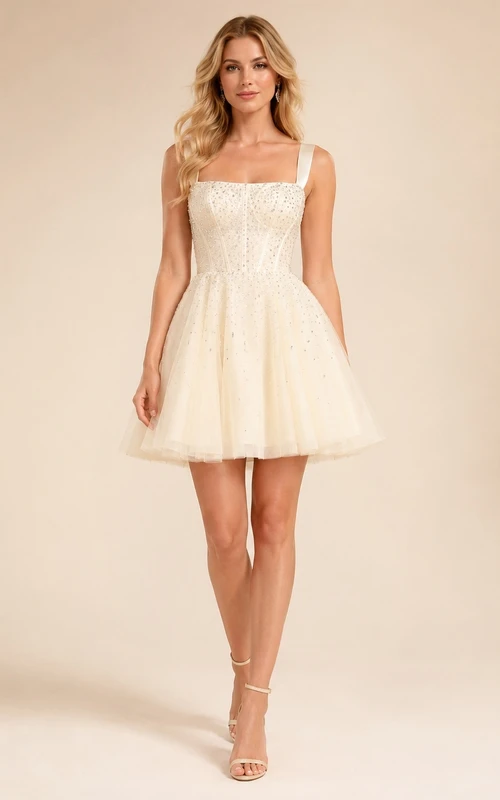 Mini-Abendkleid aus elfenbeinfarbenem Kristalltüll mit breiten Satinträgern, inklusive breiter Schulterträger aus Satin