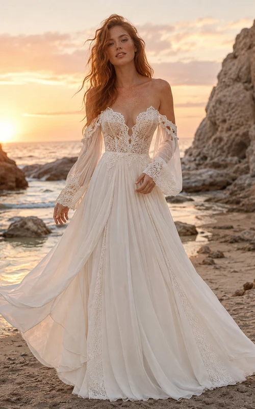Boho Off Shoulder Bell Sleeve A-Line Wedding Dress For Beach