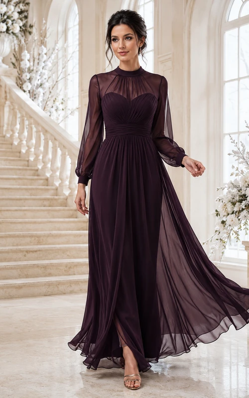 Vestido largo de gasa color ciruela con cuello alto y mangas de ilusión estilo poeta.