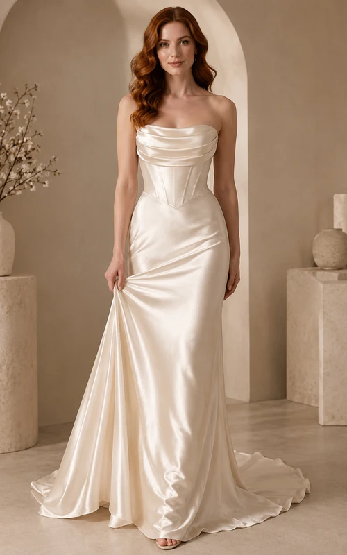 Brautkleid aus Satin im Meerjungfrauenstil, trägerlos, mit Herzausschnitt und Schleppe