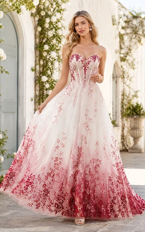 Rotes, trägerloses, bodenlanges Brautkleid mit Ombré-Effekt und Herzausschnitt aus Tüll mit Korsett