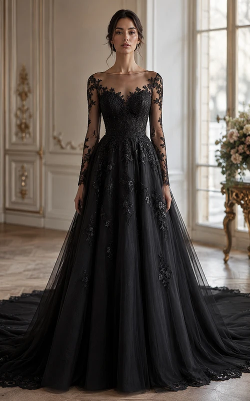 Black Long Sleeve Tulle Lace A-Line Wedding Dress
