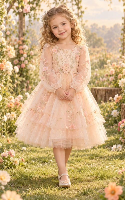 Märchenhaftes, langärmeliges, rosafarbenes, geblümtes, gestuftes Tüll-Kurzkleid für Blumenmädchen
