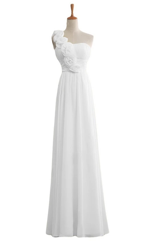 One-shoulder Floral Appliqued Long Layered Chiffon Dress