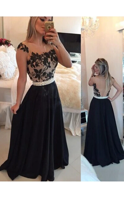 Vestido de gasa sin mangas con escote transparente y cola de perlas, corte en A.