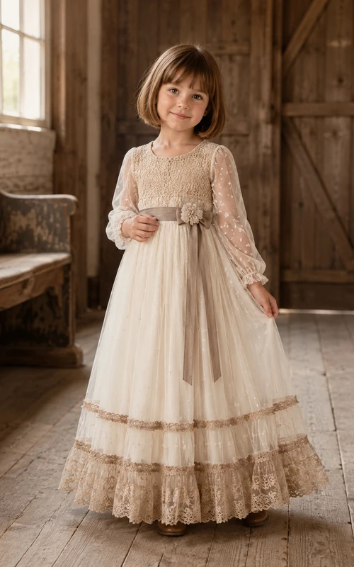 Langärmeliges, gestuftes A-Linien-Kleid aus Spitze und Tüll für Blumenmädchen mit Rundhalsausschnitt, wadenlangem Rock, Schärpenbesatz und Stufenrock.