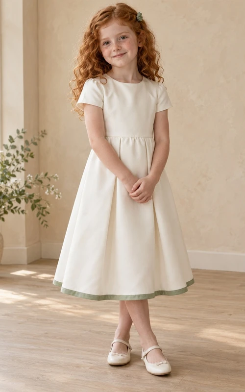 Simple Tea-length Cream Jewel Short-sleeve Gathered Sage-trimmed Zipper-back A-line Flower Girl Dress