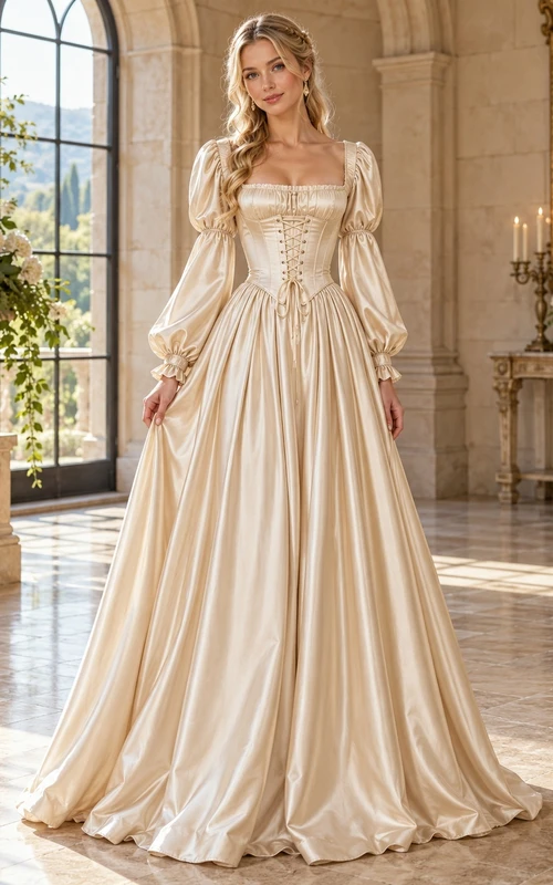 Robe de mariée Renaissance en satin à manches longues, col carré et corset trapèze