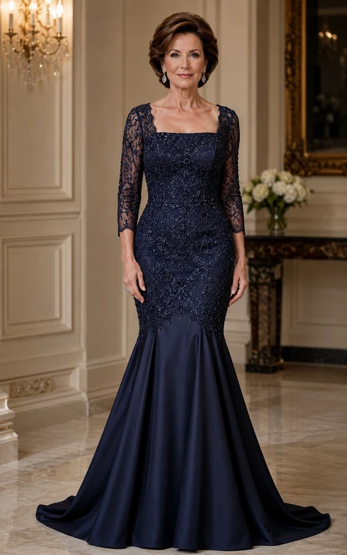 Vestido de novia azul marino oscuro estilo sirena con encaje, manga tres cuartos y cola de satén.