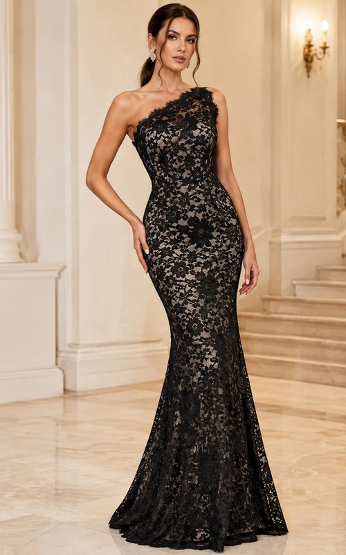 Black One-Shoulder Lace Mermaid Sweep Train Sexy Luxury Evening Gown
