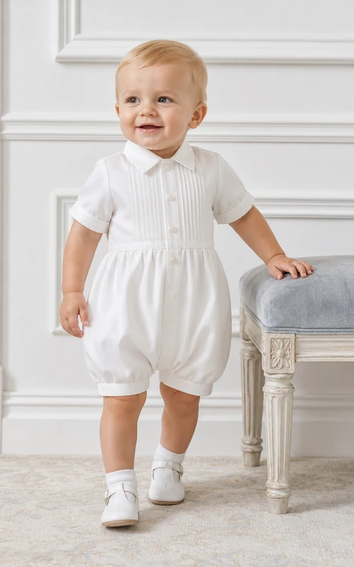 Pelele blanco de manga corta con cuello Peter y pliegues para bautizo de bebé niño.