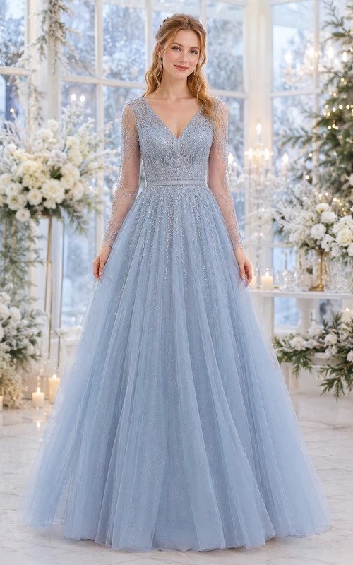 Sky Blue Lace Tulle Long Sleeve Winter Gown