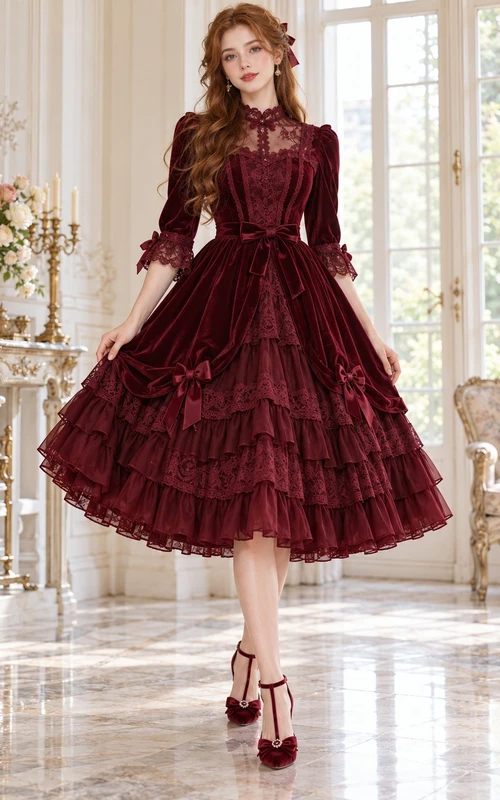 Robe de bal Lolita bordeaux à col montant, manches en dentelle et volants, longueur thé