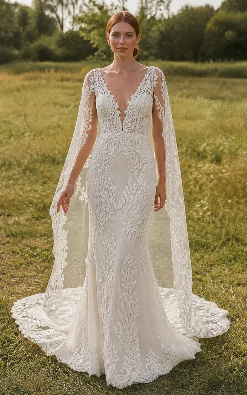 Vestido de novia de lujo de manga larga estilo sirena con escote en V, capa de encaje y cola catedral.