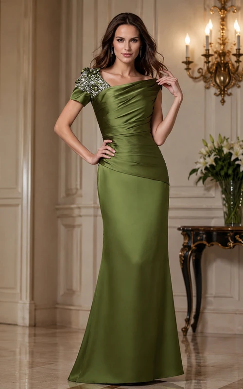 Asymmetrical Mermaid Satin Rhinestone and Gown With Ruching
