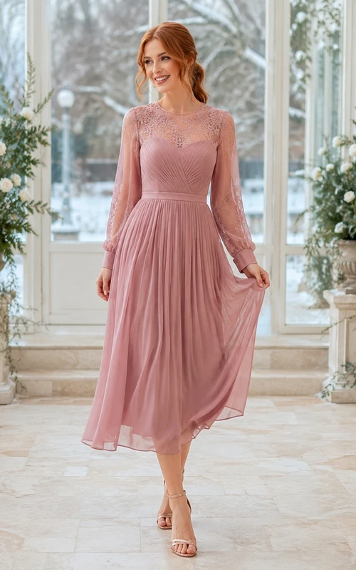 Robe de soirée romantique rose poudré illusion bateau à manches longues en mousseline de soie, longueur thé