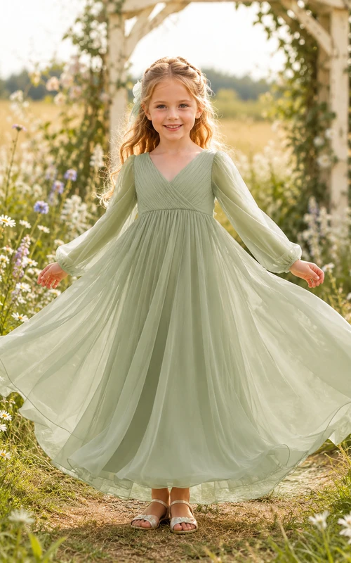 Robe bohème longue à manches longues en mousseline de soie sauge, col V, coupe trapèze, idéale pour une demoiselle d'honneur.
