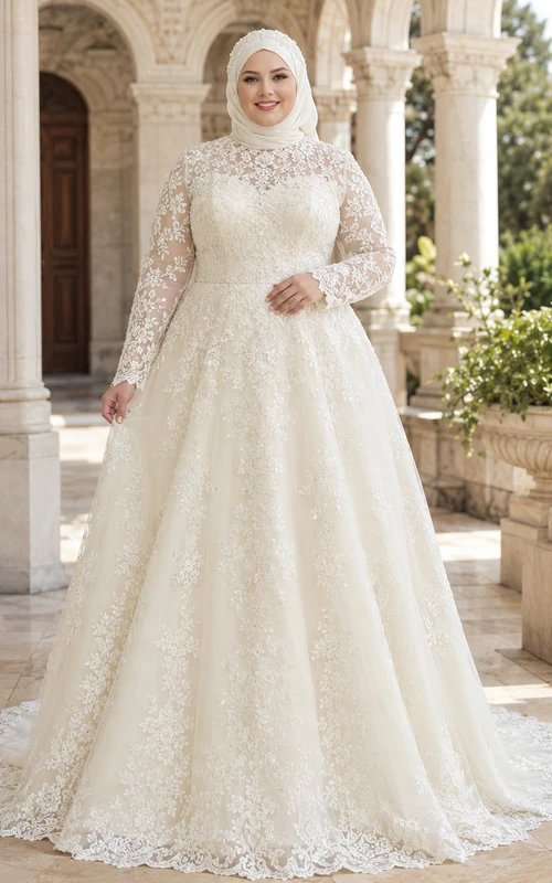 Plus Size Muslim Long Sleeve Lace A-Line Chapel Wedding Dress