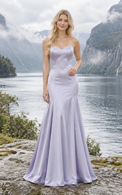 Schlichtes lavendelfarbenes, trägerloses Brautkleid im Meerjungfrauenstil aus Satin mit Herzausschnitt