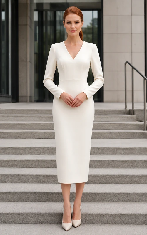 Vestido de novia de corte recto con escote en V y manga larga para la ceremonia civil en el juzgado